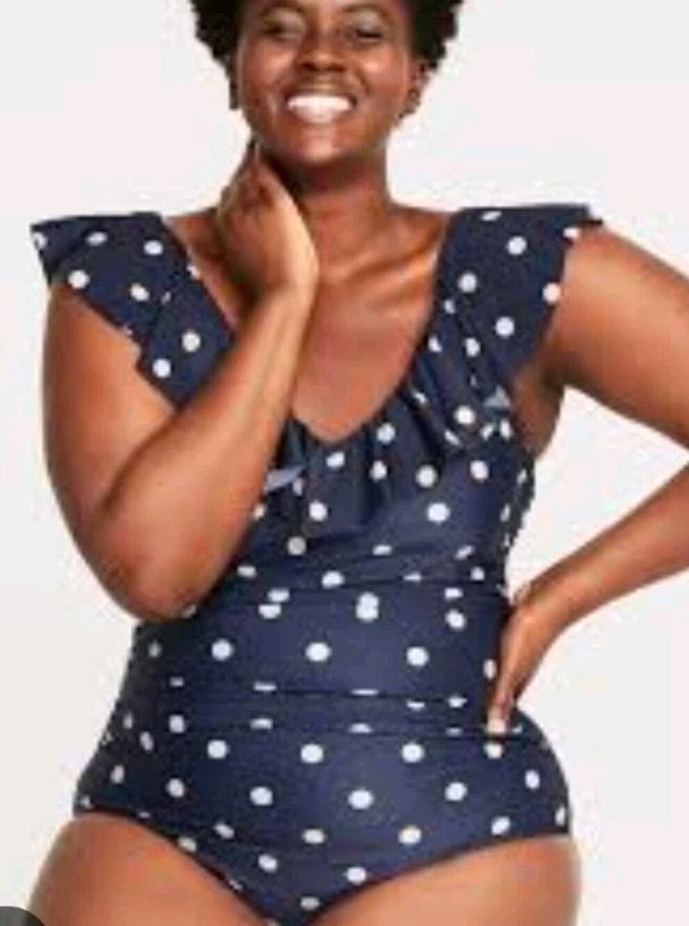 Old Navy Navy Blue Polka Dot One Piece Swimsuit Women Plus 2X Slimming Ruffle